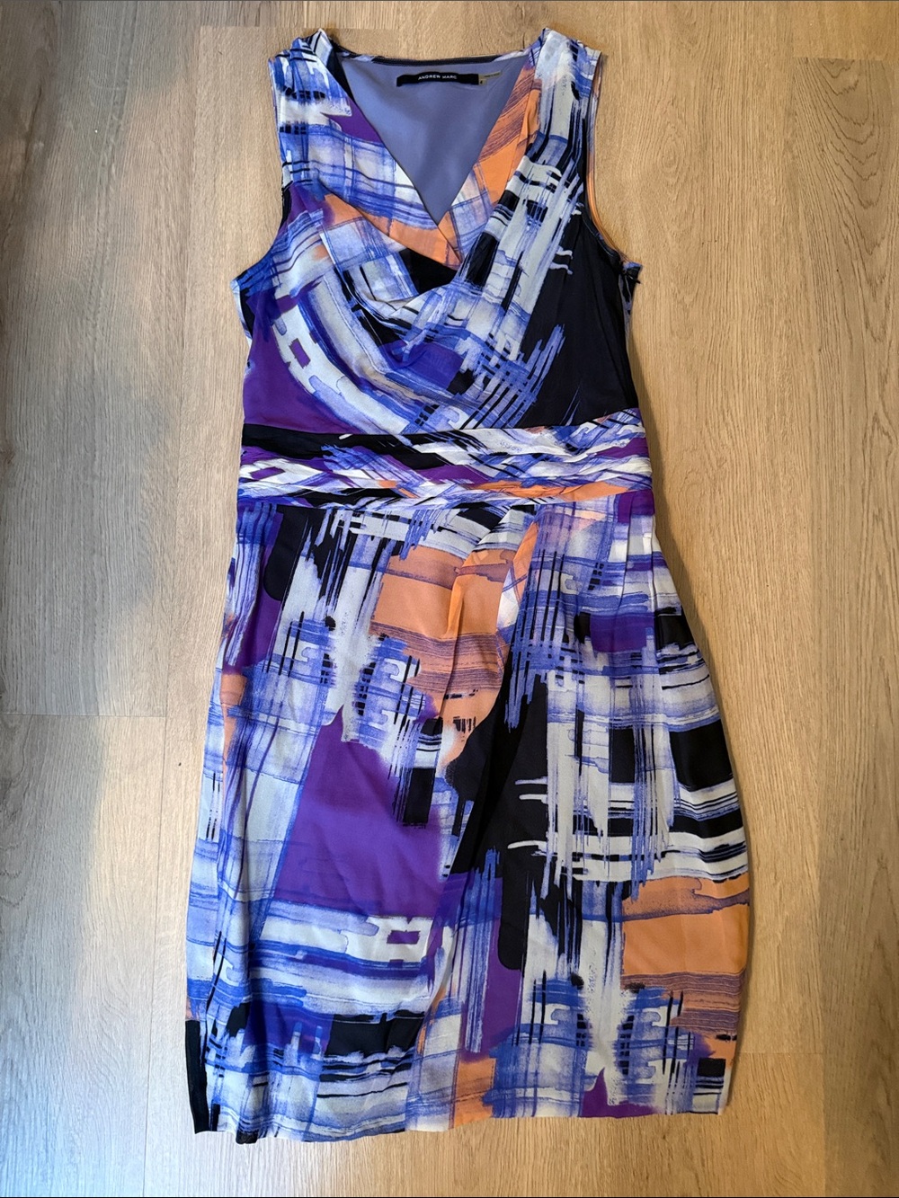 Andrew Marc Abstract Print Purple, Orange & Black Midi Dress